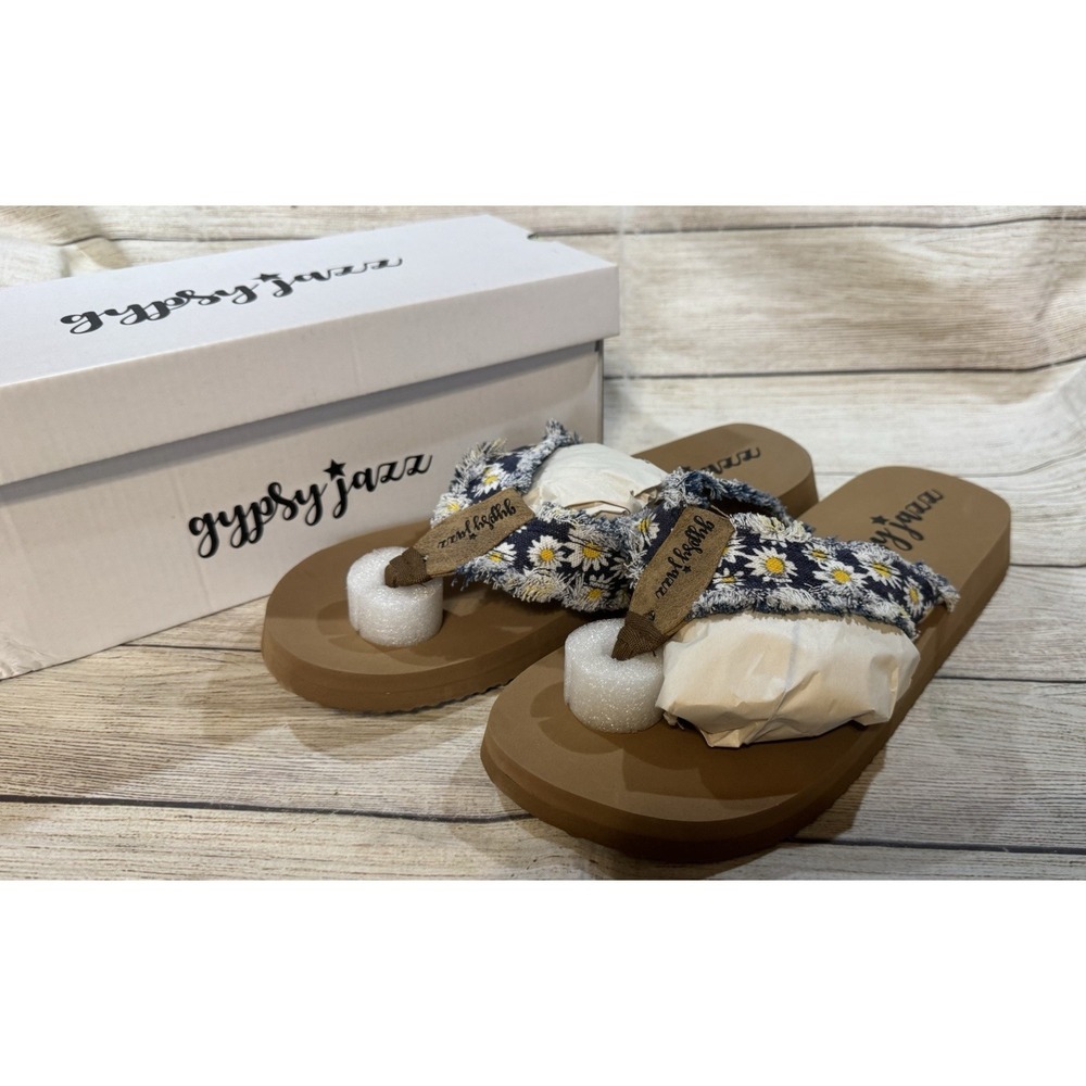 NEW Gypsy Jazz GJAZZ Navy Frayed Daisy Denim Flip Flop Sandals Shoes Sz 10 NIB